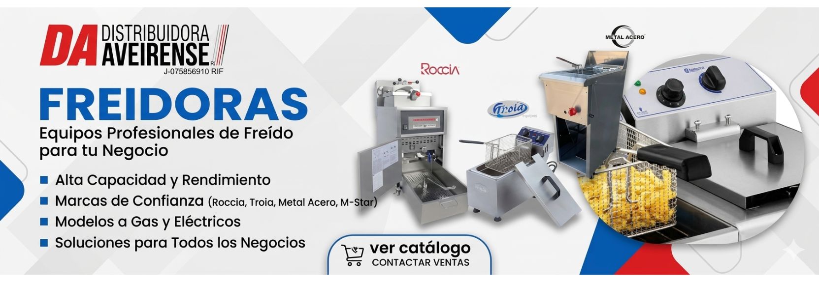 Optimiza los tiempos de servicio y garantiza la textura perfecta en cada platillo con nuestra línea de freidoras profesionales en Distribuidora Aveirense. Diseñadas para alta demanda y un rendimiento superior, nuestros equipos aseguran una rápida recuperación de la temperatura y un consumo eficiente de energía o gas. Desde modelos compactos de mesa para emprendimientos hasta potentes freidoras de pozo y de piso para franquicias de comida rápida. Invierte en tecnología que mantiene la calidad del aceite por más tiempo y eleva la productividad de tu negocio.